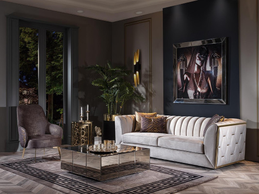 Balts trīsvietīgs dīvāns nerūsējošā tērauda tekstila mēbelēm viesistabā