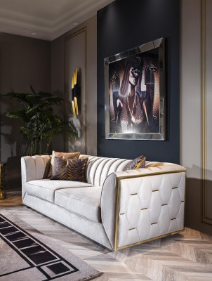 Balts trīsvietīgs dīvāns nerūsējošā tērauda tekstila mēbelēm viesistabā