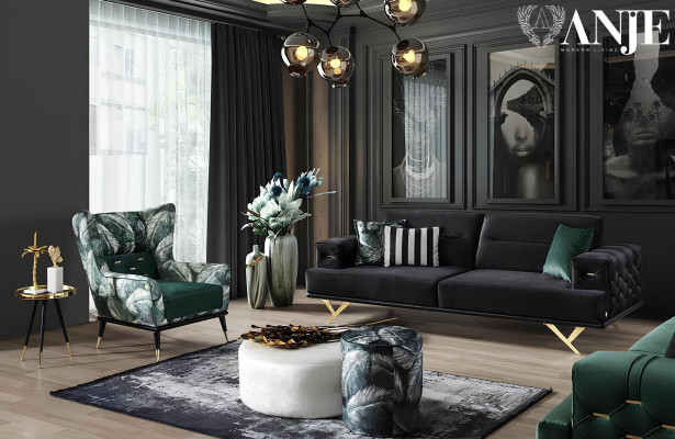 Mūsdienu melns nerūsējošā tērauda dīvāns ar luksusa auduma mēbelēm