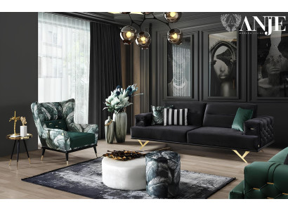 Mūsdienu melns nerūsējošā tērauda dīvāns ar luksusa auduma mēbelēm