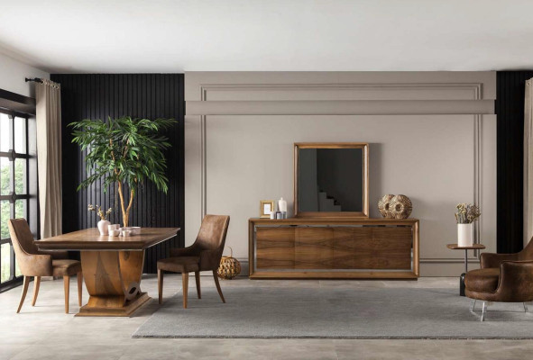 Luksusa ēdamistabas komplekts ar 4 krēsliem un regulējamu bufeti 5 daļās