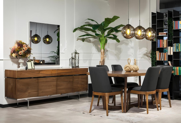 9 daļu ēdamistabas komplekts ar galdu, krēsliem un mēbelēm