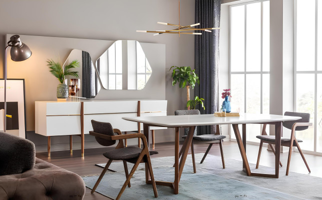 Baltā koka ēdamistabas komplekts, galds, krēsli, naktsgaldiņš 9 gab.