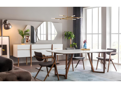 Baltā koka ēdamistabas komplekts, galds, krēsli, naktsgaldiņš 9 gab.