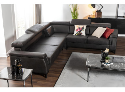 Melns L veida dīvāns ar gultas funkciju