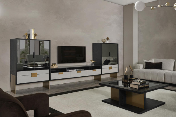 TV mēbele ar vitrīnu, viesistabas komplekts, jauns, balts, 3 gab.