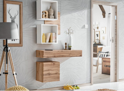 Moderns 4 daļu ieejas ensembles ar sienas plauktiem un jaunu skapīti