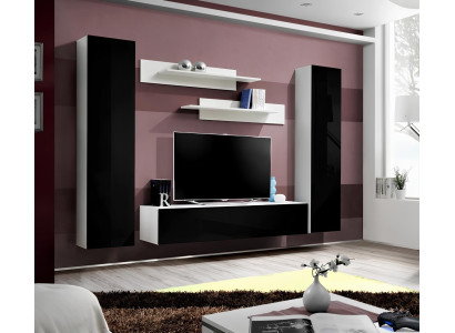 Mūsdienu koka viesistabas mēbeles ar sienas plauktiem un TV statīvu