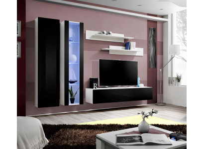 Mūsdienu sienas vienība ar piekārto izstādes skapīti TV viesistabas skapja atbalsta plauktiem