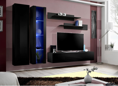 5 daļu viesistabas mēbeļu komplekts. Moderns dizains sienas vienība ar TV statīvu un plauktiem