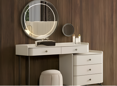 Elegants balts kosmētikas galds guļamistabai Elegants balts kosmētikas galds guļamistabai