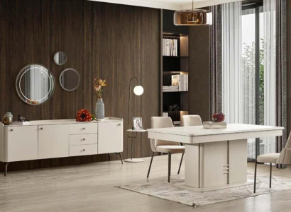 Balts dizaina ēdamgalds ar 6 polsterētām krēslām un bufeti Balts dizaina ēdamgalds ar 6 polsterētām krēslām un bufeti