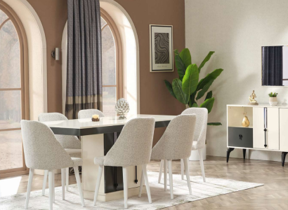 Ēdamgalds ar 6 pārvietojamām krēsliem modernā luksusa koks Ēdamgalds ar 6 pārvietojamām krēsliem modernā luksusa koks