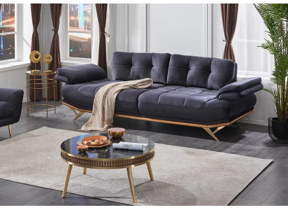 Trīs sēdvietu dīvāns viesistabai pelēkā audumā, grezni polsterēti mēbeles