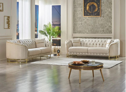 Trīs sēdvietu dīvāns viesistabai 2x baltie Česterfīld dīvāni polsterēta mēbele