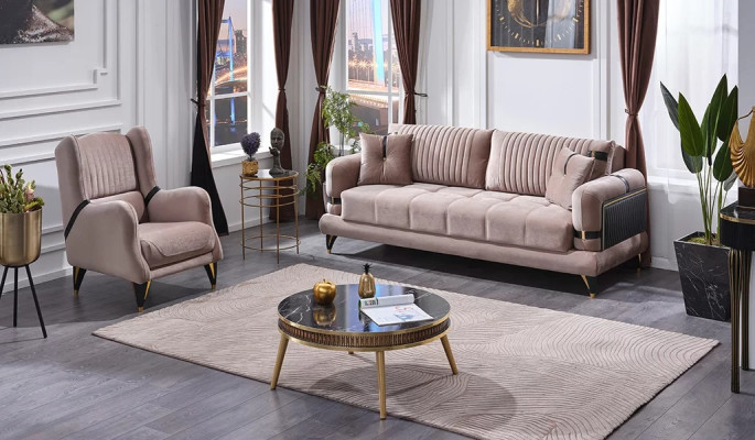 Mūsdienu dīvānu komplekts 3+1 sēdvietām polsterētam mēbeļu bežā