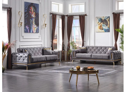 Divano 2x Chesterfield pelēks luksusa dīvānu komplekts