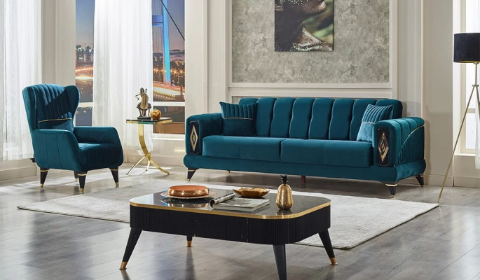 2 daļu mīksto mēbeļu komplekts 3 sēdvietu dīvāns ar zaļu krēslu