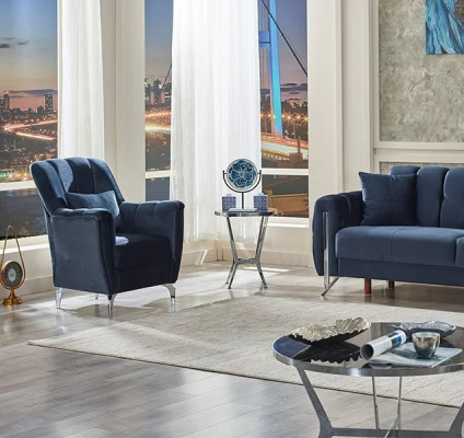 Mūsdienu dizaina atzveltnes krēsls viesistabai ar auduma apdari zils