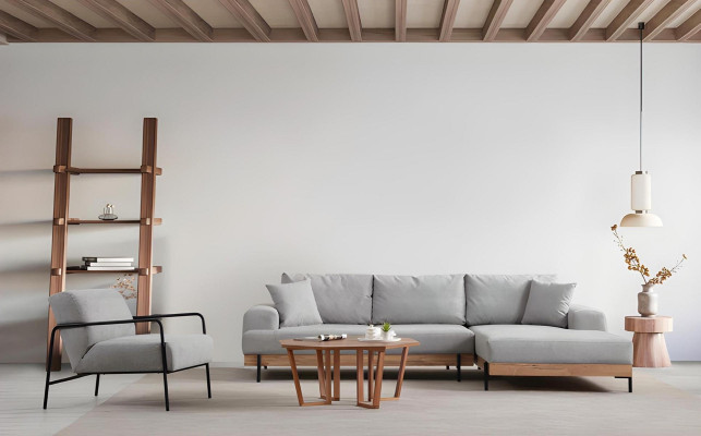 Gaiši pelēks dizaina stūra dīvāns 3 vietām 3 daļas