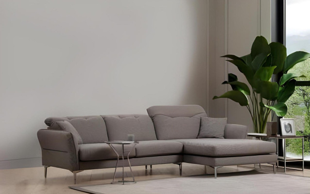 Pelēki-balts dizaina stūra dīvāns viesistabai ar krēslu