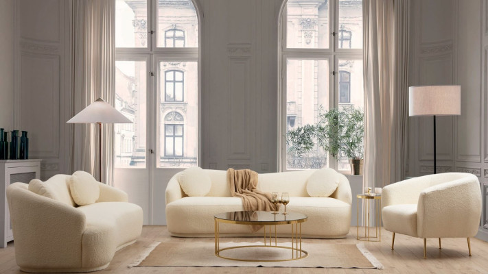 Luksusa balts dizaina viesistabas komplekts 2x 3-vietīgas dīvāni un krēsls