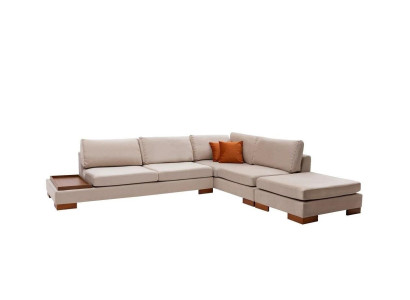 Beige auduma L formas dīvāns viesistabai, elegants polsterēts dīvāns