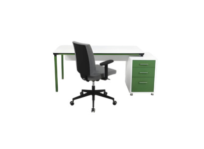 Mūsdienu balta un zaļa darba galds, eleganti biroja mēbeles, galds