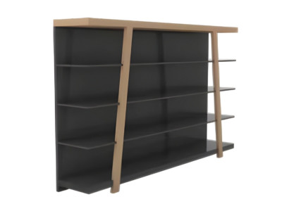 Mūsdienīga brūna un melna koka plaukts, eleganti biroja mēbeles