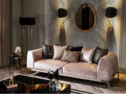 7 daļu viesistabas mēbeļu komplekts ar dīvānu, lampu, spoguli un pufu