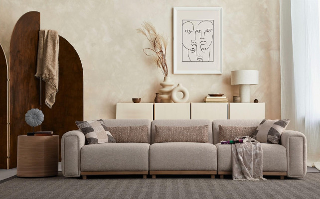 3-vietīgs auduma dīvāns Polsterēts dīvāns Bežs Dzīvojamā istaba Atpūta Jauns