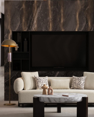 Mūsdienu 3-vietīgs dīvāns luksusa audumā un kokā