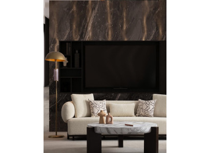 Mūsdienu 3-vietīgs dīvāns luksusa audumā un kokā