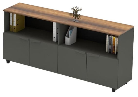 Biroja komplekts: konsoles galds, zems galds, koka konteiners pelēkā brūnā krāsā