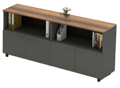 Biroja komplekts: konsoles galds, zems galds, koka konteiners pelēkā brūnā krāsā