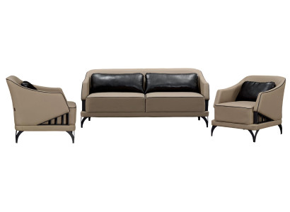 Dzīvojamās istabas dīvānu komplekts 3+1+1 ar mīksto apdari un koka galdu 3 gabali