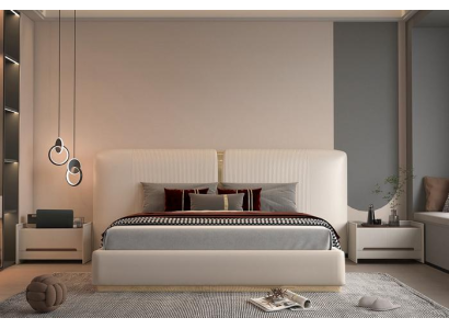 Beige luksusa gulta ar zelta detaļām, moderns dizains, gultas galva guļamistabai