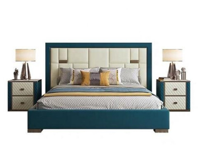 Luksusa zila gulta ar modernu polsterētu galvgali un spilgtām krāsām Luksusa zila gulta ar modernu polsterētu galvgali un spilgtām krāsām