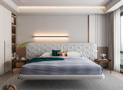 Mūsdienu balta gulta ar minimālistisku un noapaļotu dizainu