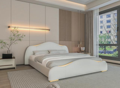 Moderns pelēks gultas ar zelta detaļām un elegantu galvgali