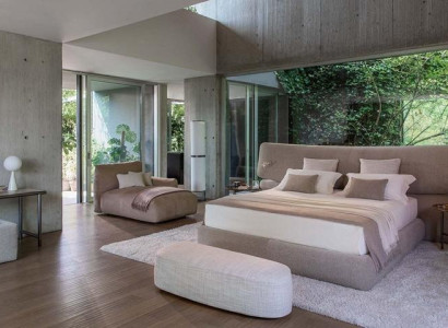 Mūsdienu melna auduma gulta ar augstu galvgali