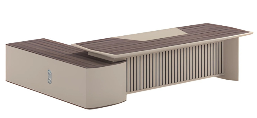 Moderns bežs birojs ar koka efektu un plašu virsmu