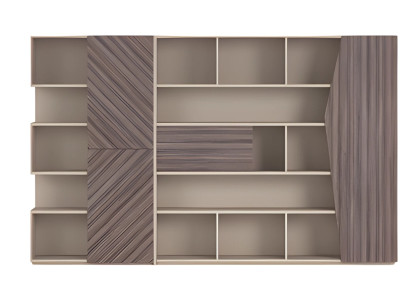 Mūsdienīgs glabāšanas sistēma ar koka efektu bežā un brūnā krāsā, atvērta skapja ar atvilktnēm