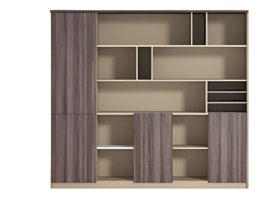 Moderns bežs un brūns biroja skapis ar koka efektu, atvērts, darba vietai