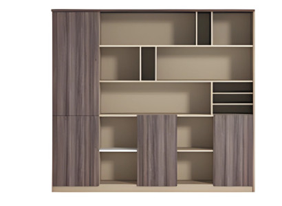 Moderns bežs un brūns biroja skapis ar koka efektu, atvērts, darba vietai