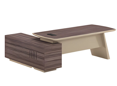 Mūsdienīgs birojs ar beigu un brūna koka efektu, darba virsma un viena atvilktne