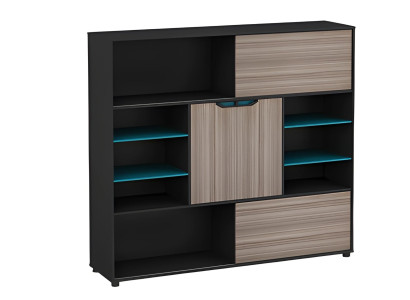 Mūsdienīga komoda, brūna un melna, ar durvīm un plauktiem, zila, birojam