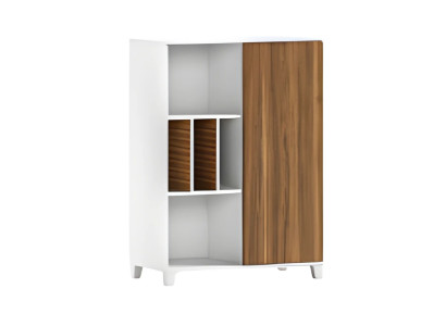 Mūsdienīga balta koka skapīša ar atvērtām plauktiem un elegantiem durvīm