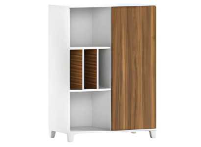 Mūsdienīga balta koka skapīša ar atvērtām plauktiem un elegantiem durvīm