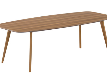 Mūsdienu galds ar elegantu virsmu un vienkāršiem koka kājām